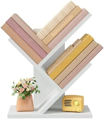 Tree Bookshelf 3-Tier Small Book Organizer, White