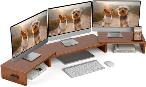 Triple Monitor Stand Riser with Smartphone Holder, Walnut