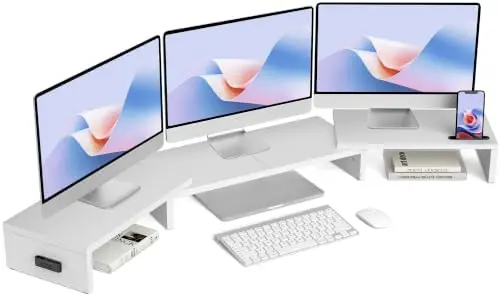 Triple Monitor Stand Riser with Smartphone Holder, White