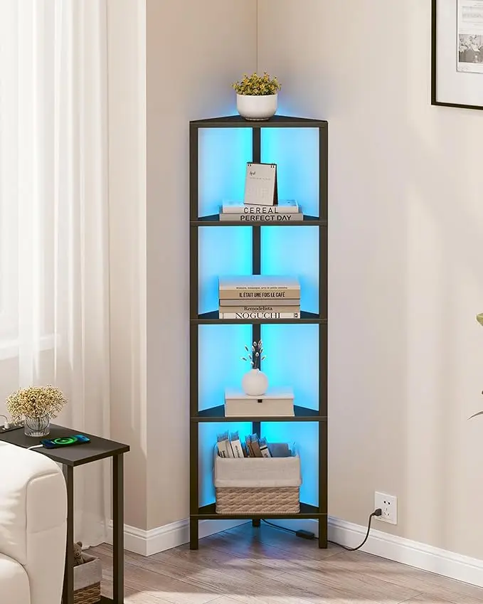 TUTOTAK Corner Shelf with LED Light, 5-Tier Corner Bookshelf