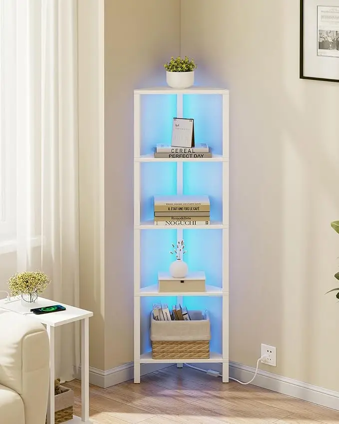 TUTOTAK Corner Shelf with LED Light, 5-Tier Corner Bookshelf