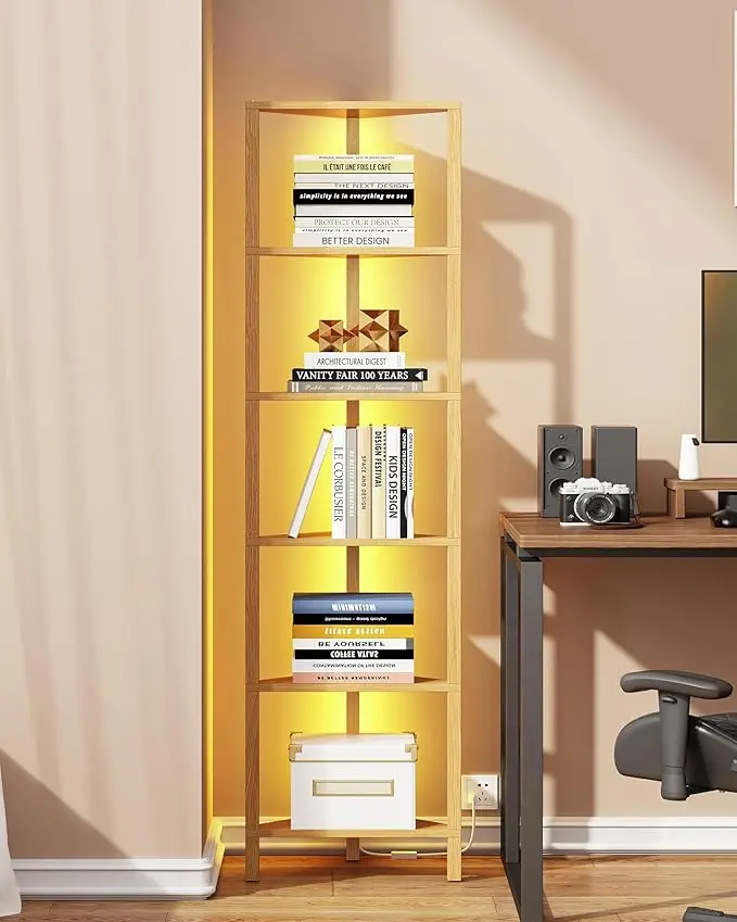 TUTOTAK Corner Shelf with LED Light, 6-Tier Corner Bookshelf