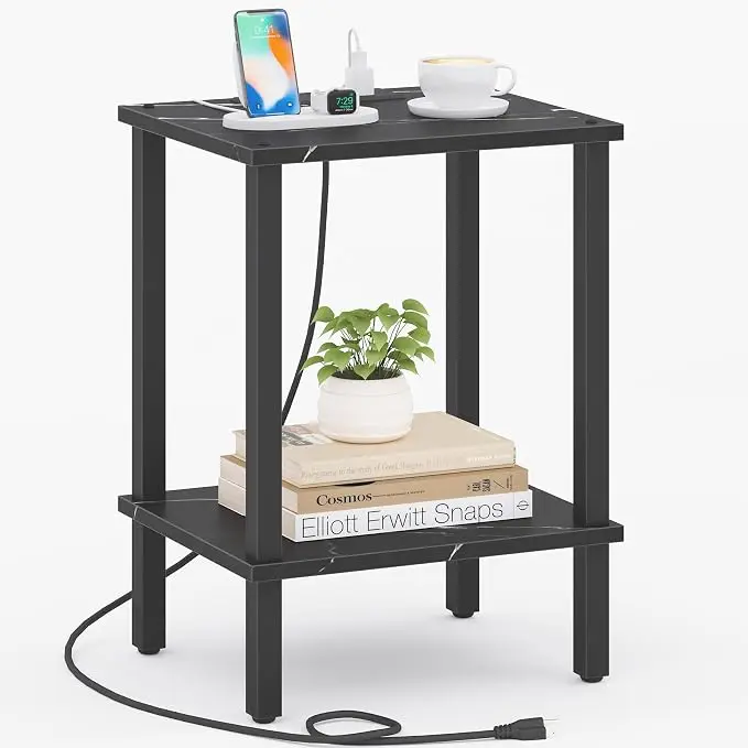 TUTOTAK End Table with Charging Station, Small Side Table, Nightstand Bedside