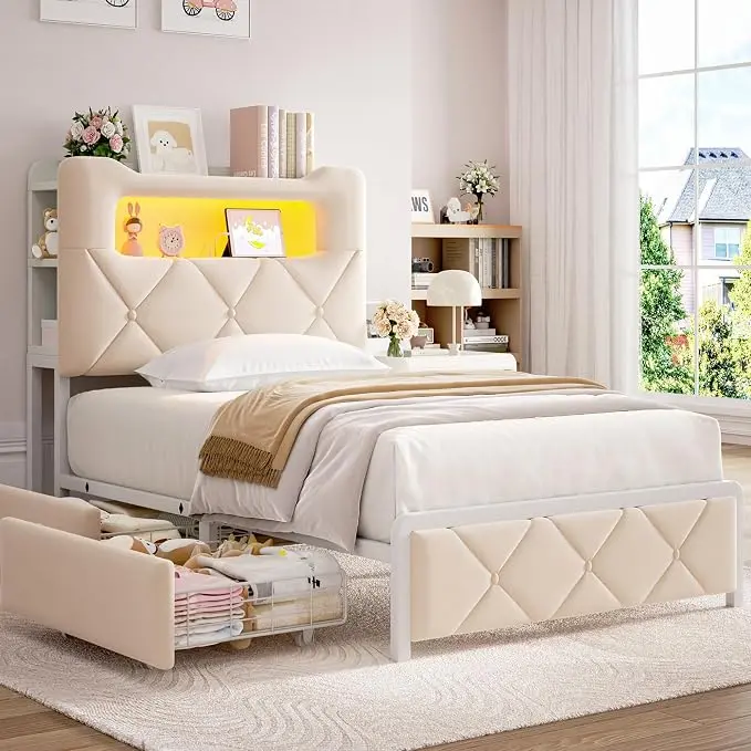 Twin Upholstered LED Bed Frame