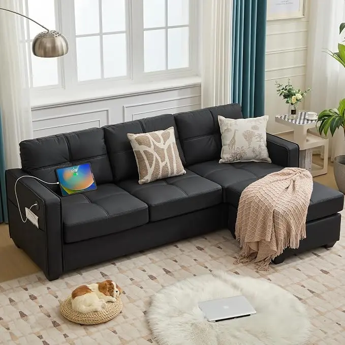 TYBOATLE Black Sectional Couches w/Side Pockets