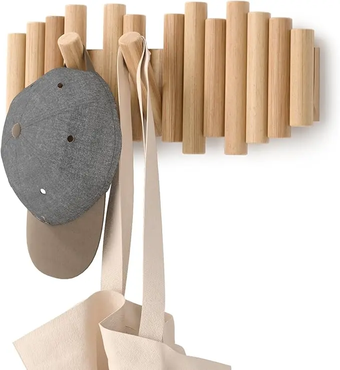 Umbra Picket Coat Rack Wall Mount – 5 Flip-Down Wood Coat Hooks, Modern & Functional Storage, Easy Install Wall Hooks, Natural