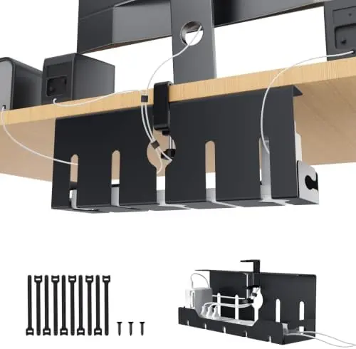 Under Desk Cable Management Tray 16 in, Cable Organizer Tray, Black