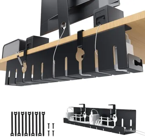 Under Desk Cable Management Tray 32 in, Metal Cable Holder, Black