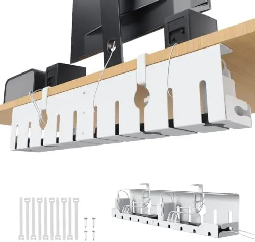 Under Desk Cable Management Tray 32 in, Metal Cable Holder, White