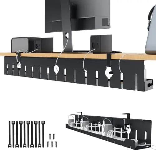 Under Desk Cable Management Tray 48 in, Large Cord Hider, Black