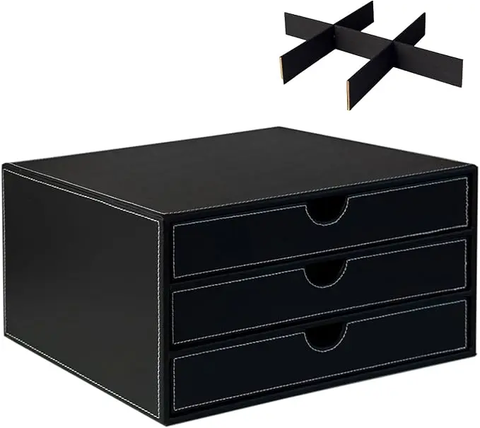 UnionBasic Document Organizer, 3-Drawer File Cabinet Document Storage Box, Office Desktop Filing Organizer, Black with White Stitching