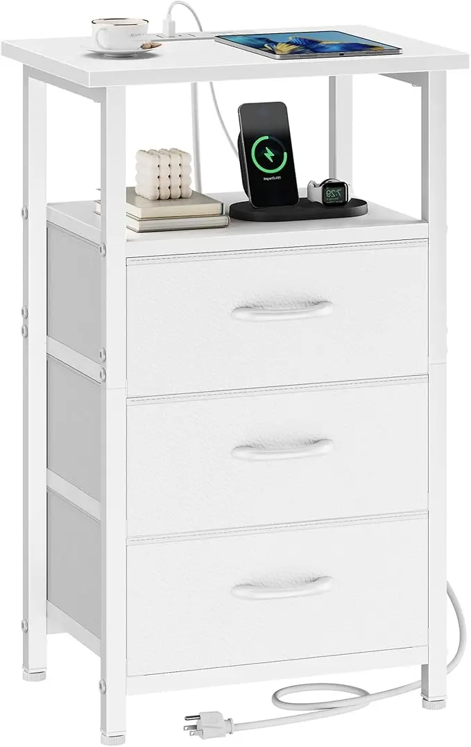 Vagusicc Nightstand with Charging Station, End Table Side Table with 3 Fabric