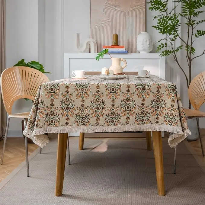 VClife Beige Floral Print Table Cloth, Linen Texture Tablecloth