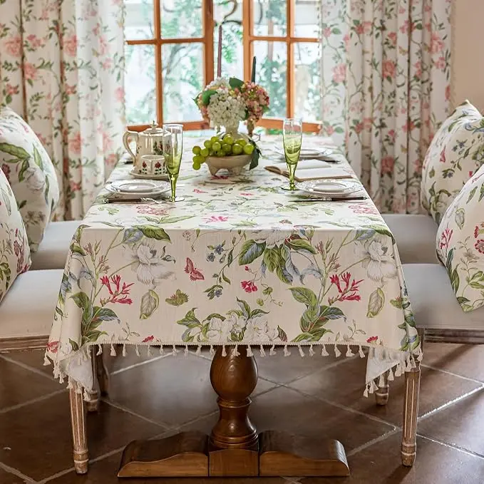 VClife Vintage Floral Butterfly Pattern Tablecloth, Linen Textured Rectangle