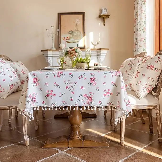VClife White and Pink Print Table Cloth, Linen Texture Tablecloth