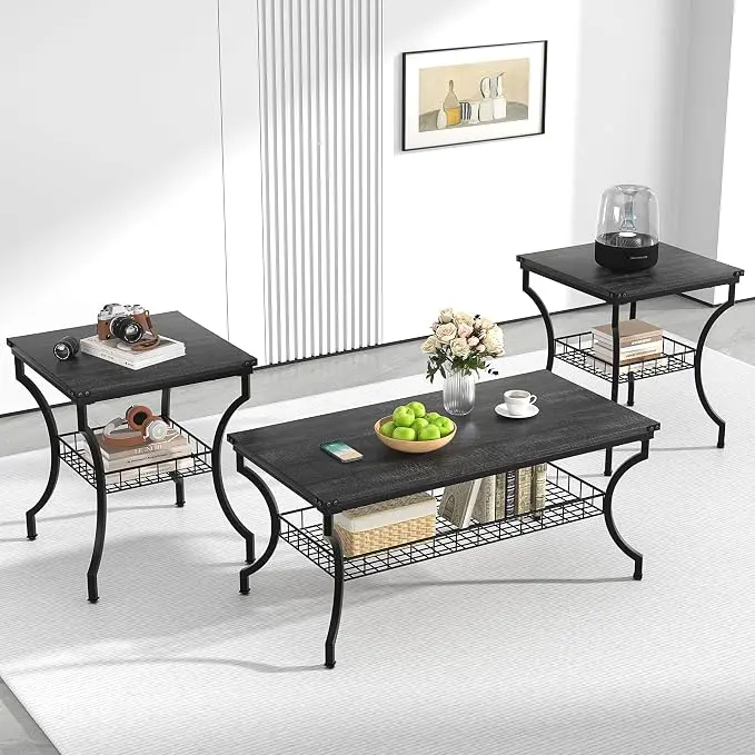 VECELO 3 Pieces Living Room Table Sets, Coffee and End Tables