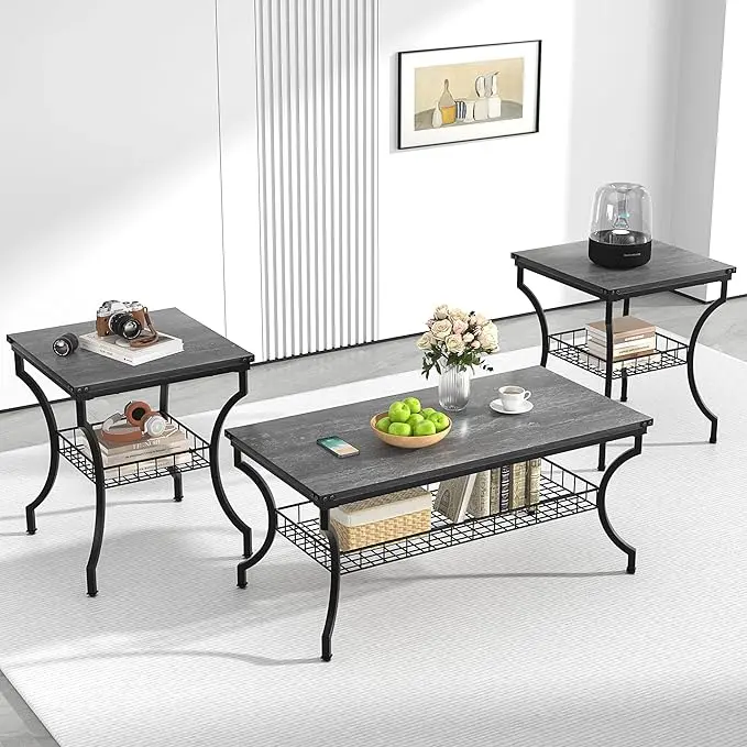 VECELO 3 Pieces Living Room Table Sets, Coffee and End Tables