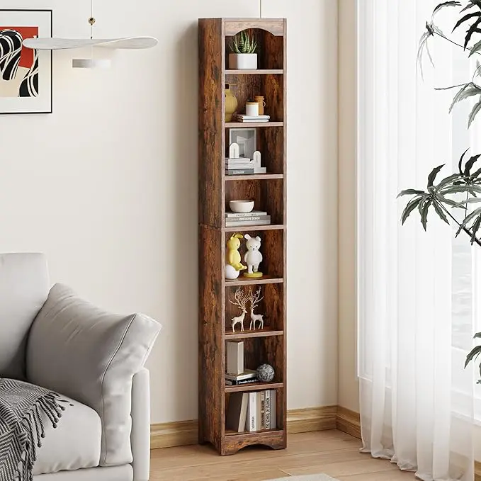 VECELO 6 Adjustable Shelf Narrow Storage Shelf - Elevated Dust-Resistant Base, Customizable Compartment Heights, Brown Display Shelf for Small Spaces