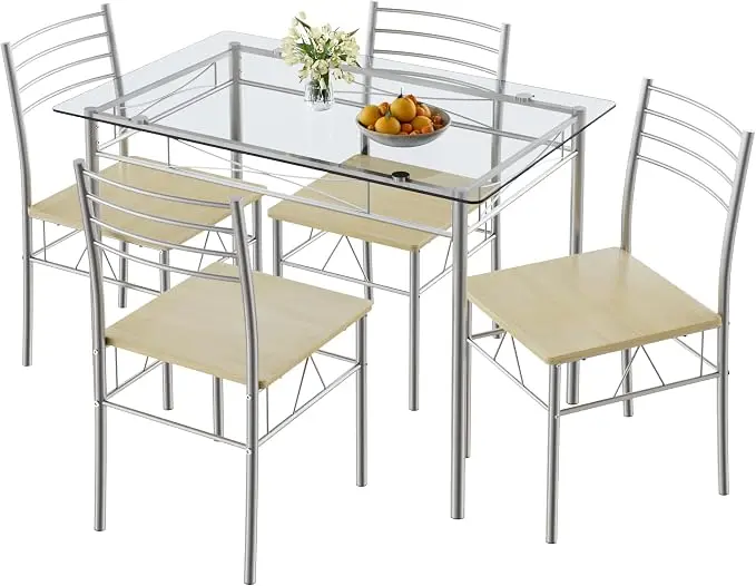 VECELO Dining Table Set for 4, 5-Piece Glass Kitchen Table