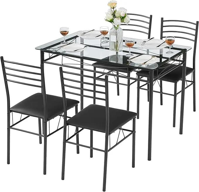 VECELO Dining Table Set for 4, 5-Piece Glass Kitchen Table