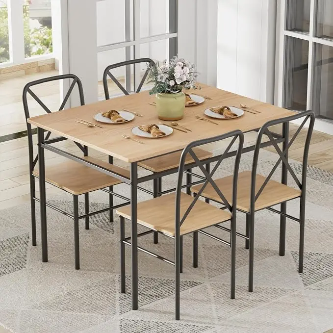 VECELO Dining Table Set for 4, 5-Piece Wood Kitchen Table