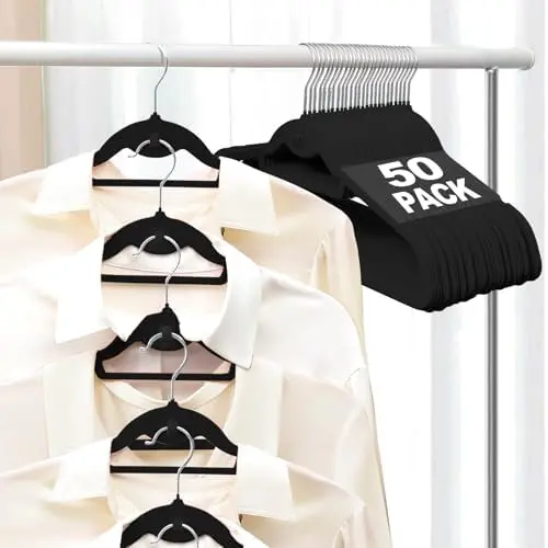 Velvet Felt Stackable Hangers 50 Pack, Thin & Space Saving, Black