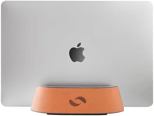 Vertical Laptop Stand in Vegan Cognac Leather, Adjustable