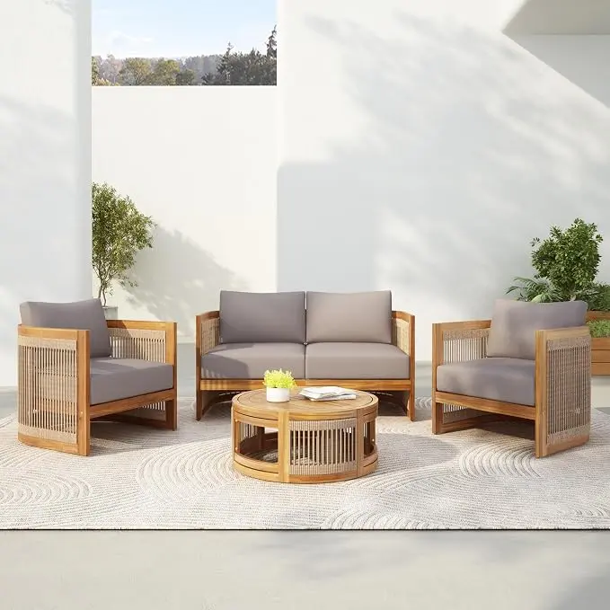 VilroCaz 4-Piece Patio Conversation Set, All Weather Sectional Sofa Set w/ 2