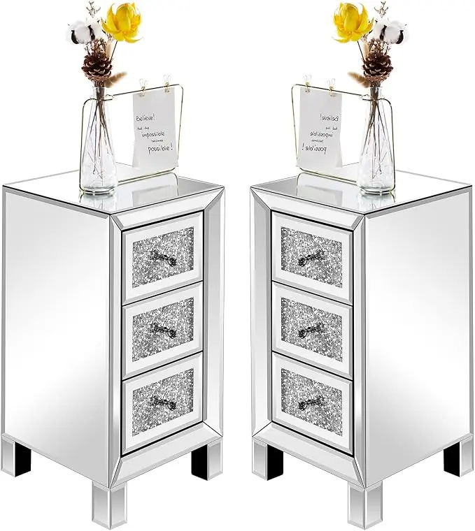 VINGLI 3-Drawer Mirrored Nightstand Bedside Table Modern Night Stands Set of 2