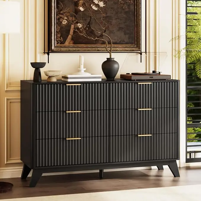 VINGLI Black Fluted 6 Drawer Dresser