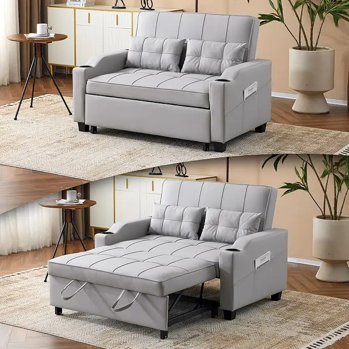 VINGLI Convertible Loveseat Sleeper Sofa, Light Grey Faux Leather Futon Sofa