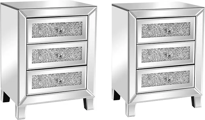VINGLI Mirrored Nightstand Set of 2, Mirrored Side/End Table