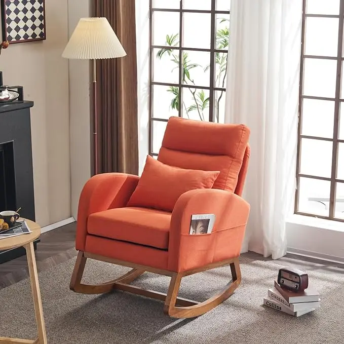 VINGLI Orange Linen Rocking Chair Nursery