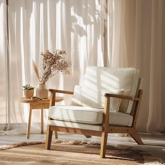 VINGLI Solid Wood Wide Armrests Accent Chair, Upholstered Mid Century Modern