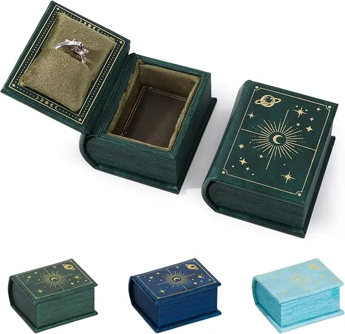 Vintage Magic Book-Shaped Ring Box Starry Sky Pattern PU Leather with Magnetic Closure for Proposal Engagement Gift (Green)