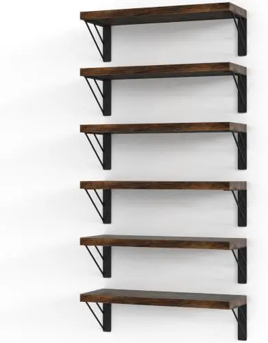 Wall Mounted Floating Shelves (Rustic Brown, Set of 6, 16" Uniform)