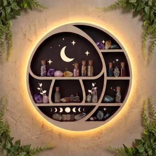 Wall Shelves for Bedroom, Mushroom Moon Shelf LED Light, Whimsical Decor