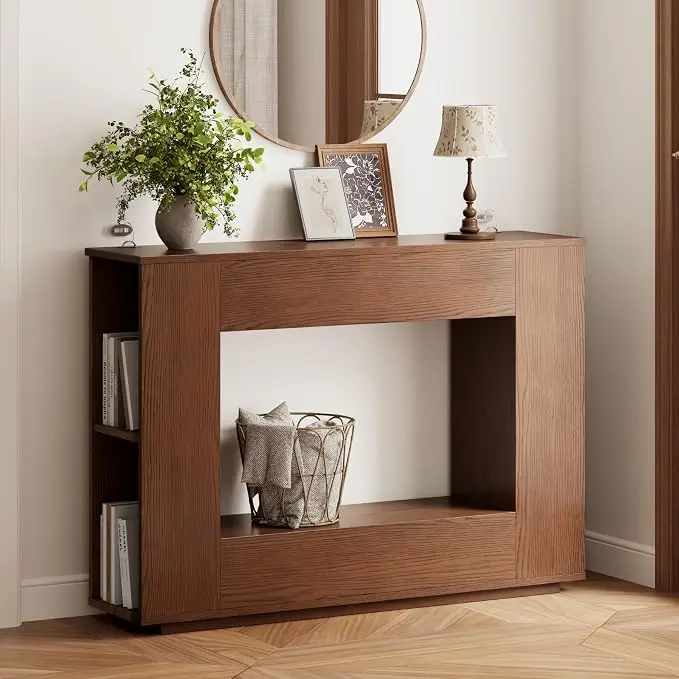 Walnut Console Table with Storage, 47.2" W Farmhouse Entryway Table, Long Sofa