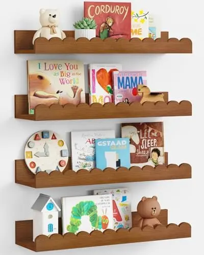 Walnut Nursery Book Shelves for Wall, Scalloped Floating Bookshelf