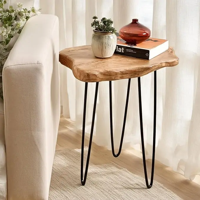 WELLAND Live Edge Cedar End Table, Unique Desktop Side Table, Natural Clear
