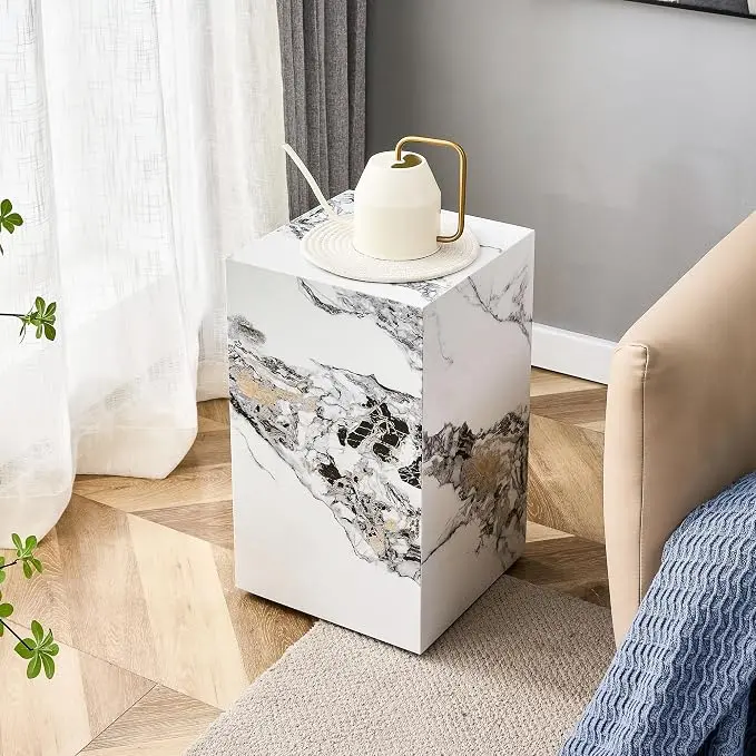 White Marble Rectangular End Coffee Table, Modern Elegant Bedside Nightstand
