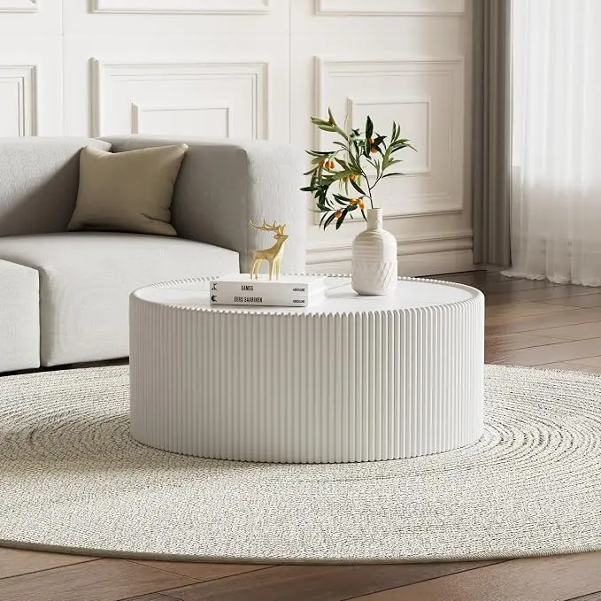 White Marble Round Coffee Table, 29.52" Fluted Coffee Table