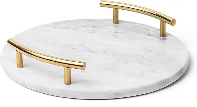 White Marble Tray with Gold Handles - Elegant Solid Marble - Chic Modern Elegant Round Vanity Tray for Bathroom