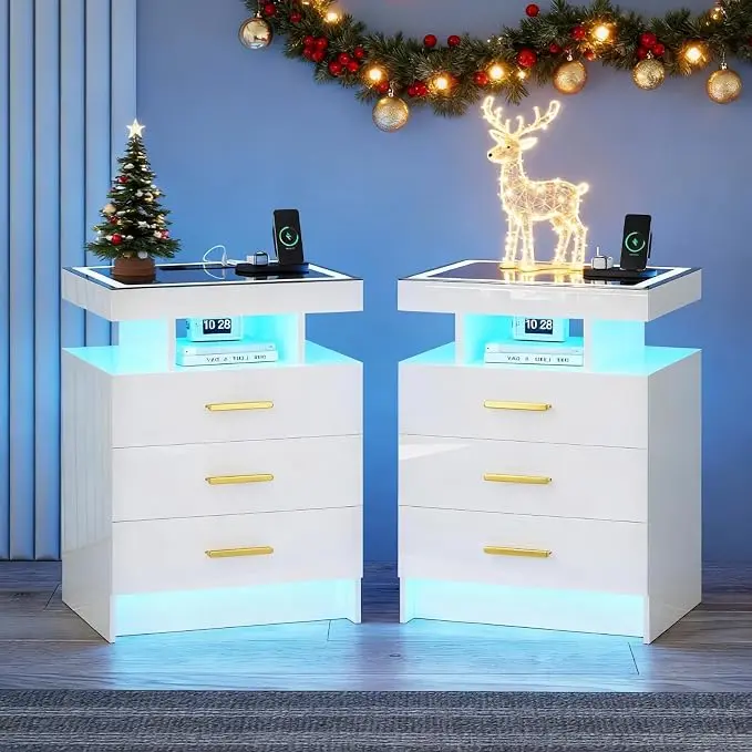 White Night Stand Set 2 with Wireless Charging Station, Smart Bedside Table