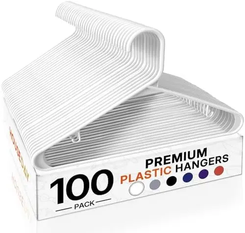 White Plastic Hangers 100 Pack, Slim Space-Saving Clothes Hangers