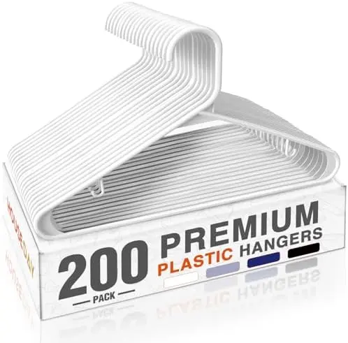 White Plastic Hangers 200 Pack, Slim Space-Saving Clothes Hangers