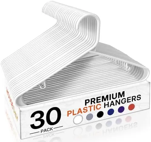 White Plastic Hangers 30 Pack, Slim Space-Saving Clothes Hangers