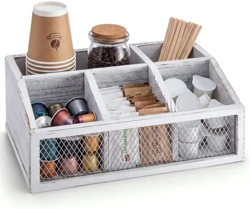 White Wooden Coffee Bar Organizer, No Assembly, Farmhouse