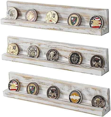 Whitewashed Wood Challenge Coin Holder, Wall Rack Set of 3