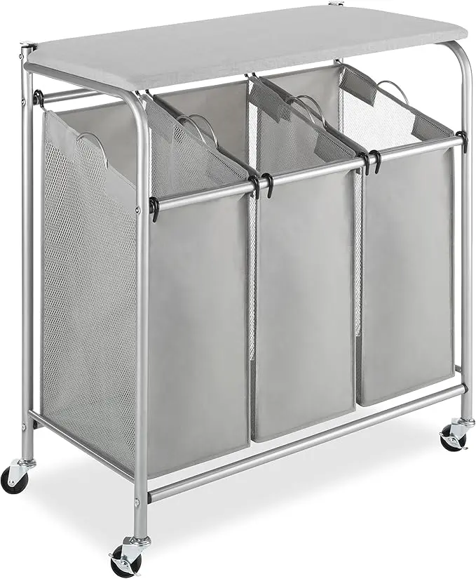 Whitmor 3 Section Rolling Laundry Sorter with Folding Station - Ironing Board, Chrome / Gray